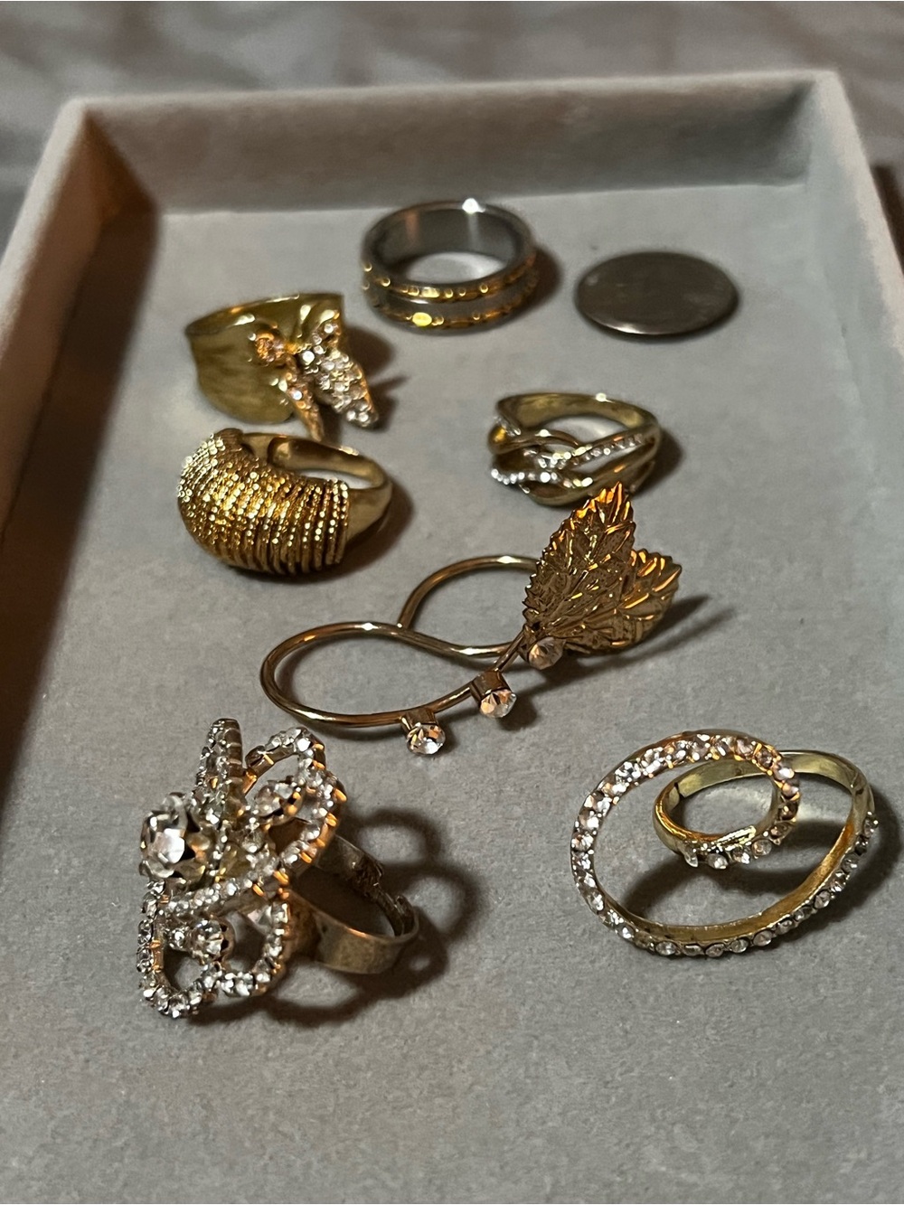 Gold-Tone Leaf and Crystal Ring Lot of 7 (various sizes)